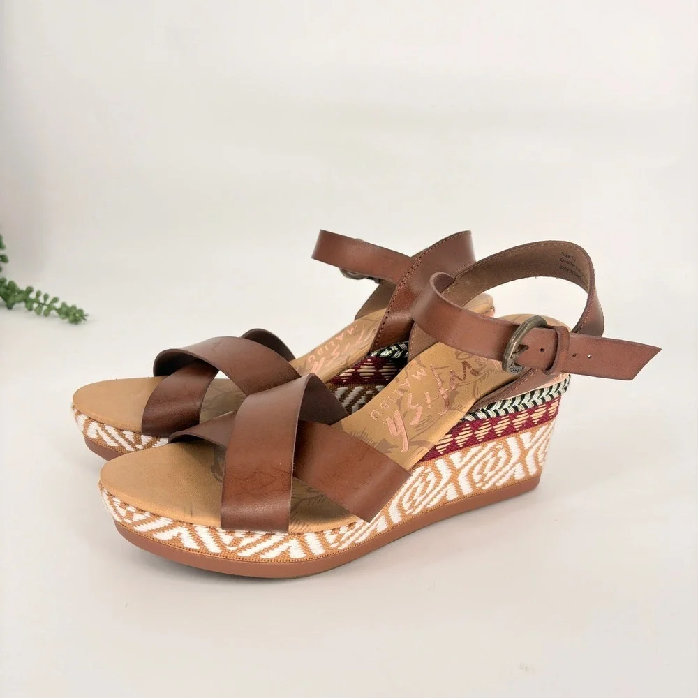 Blowfish Malibu Womens Brown Wedge Sandals Geometric Print Platform Buckle Sz 10